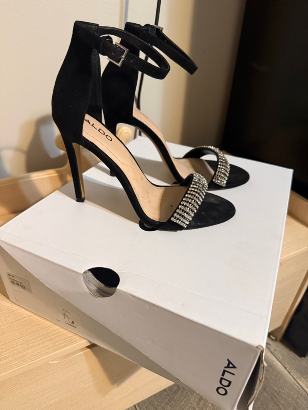 Aldo Black Suede Ankle-Strap Heels with Crystal Toe Band